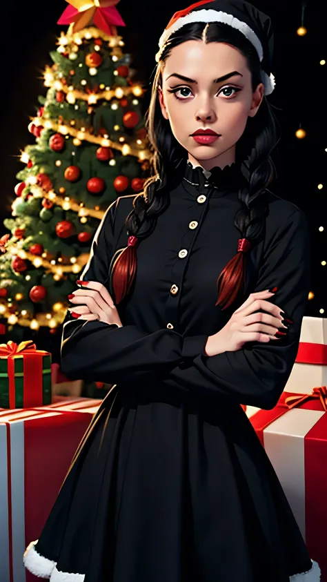 crossed arms, 1girl, 21 years old, Wednesday Addams, braid, solo, twin braids, black and white Santa hat, dress, black hair, lon...