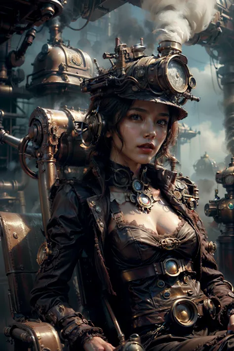  There is a sexy Taiwanese woman with a steam , dark skin ,  with small tits,A royal look,helmet,  steampunk concept art , sexy ...