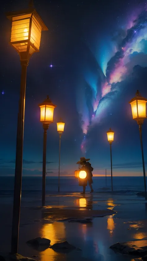 Create a surreal image of a lone traveler wearing a rugged jacket and a wide-brimmed hat, walking forward into a cosmic ocean wh...