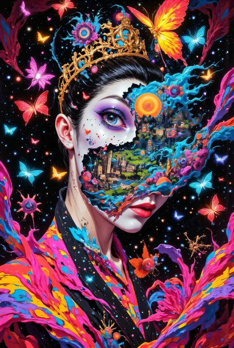 An abstract surrealist artwork that combines chaotic glitch effects with distorted imagery, featuring the dynamic pose of a dark...