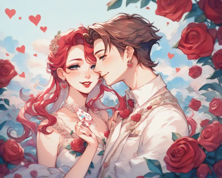 Sweet Valentine's Day cartoon illustration of tiny chibi lovers, boy with shy smile offering delicate red rose to girl with big ...