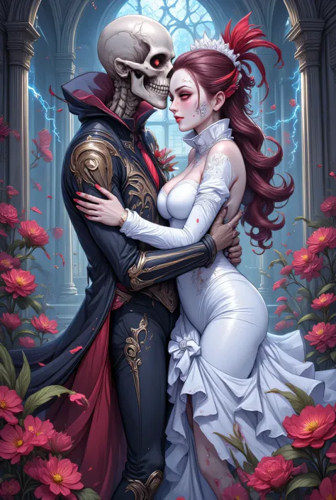 an epic comic art painting, watercolor masterpiece art of a female vampire bride and a skeleton groom hugging in church, a femal...