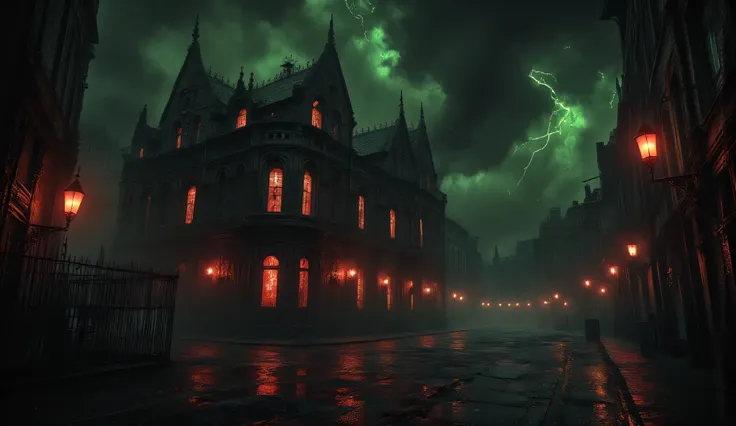 A brothel. twentieth century London. The windows are burning with red light. red lanterns. Rainfall. A black sky covered with bl...