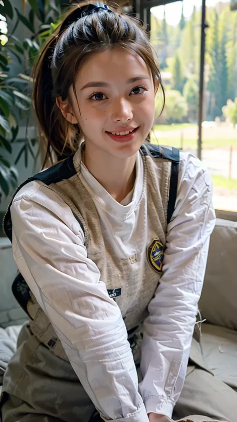 A beautiful young female soldier with a radiant smile, wearing a military uniform with a tactical vest. She has long, slightly m...