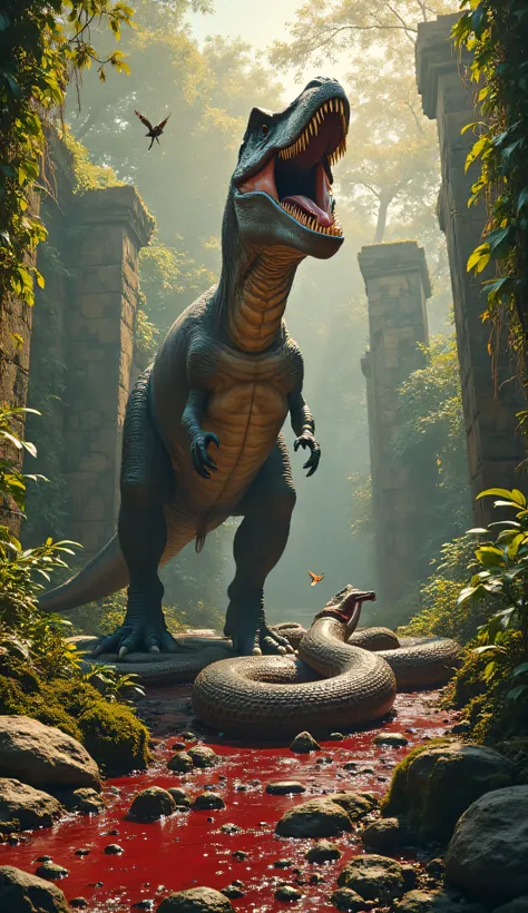 A towering, battle-scarred Tyrannosaurus rex stands victorious in the heart of an ancient jungle, its massive foot crushing the ...