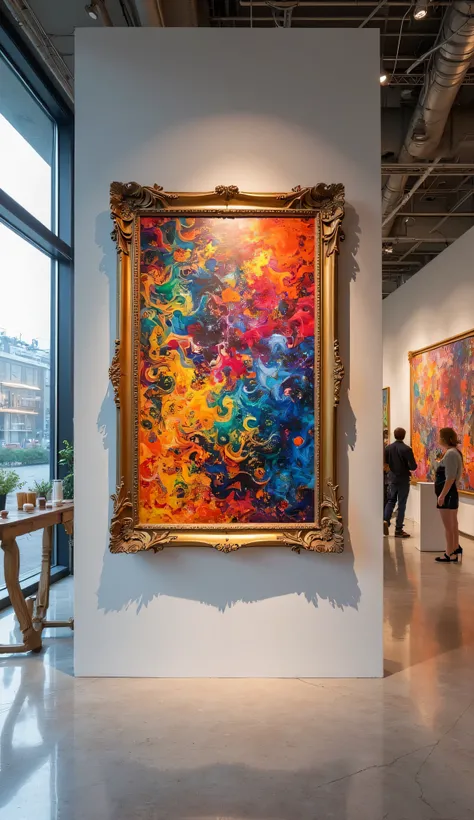 Artistic front photo of a colorful design frame hanging in a fluid art exhibition in a modern famous contemporary modern art gal...