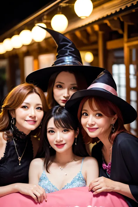 Three beautiful middle-aged witches posing in front of a pink train、high image quality、Suspicious Night、fine、fantasy、 traditiona...