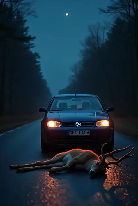 A car came from behind on the road and hit a rabbit and the rabbit bled