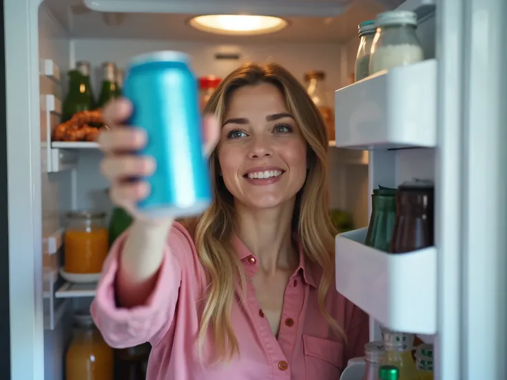 woman reaching for a soda can inside the fridge, captured from the perspective of looking outward through the open fridge door. ...