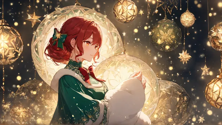 Masterpiece, Best Quality, Top Quality, Very Detailed, A beautiful red-haired woman with glowing golden eyes, dressed in an eleg...