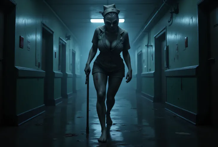 **Prompt:**     Create a hyperrealistic digital artwork capturing a horrific nighttime scene set in a dimly lit hospital corrido...