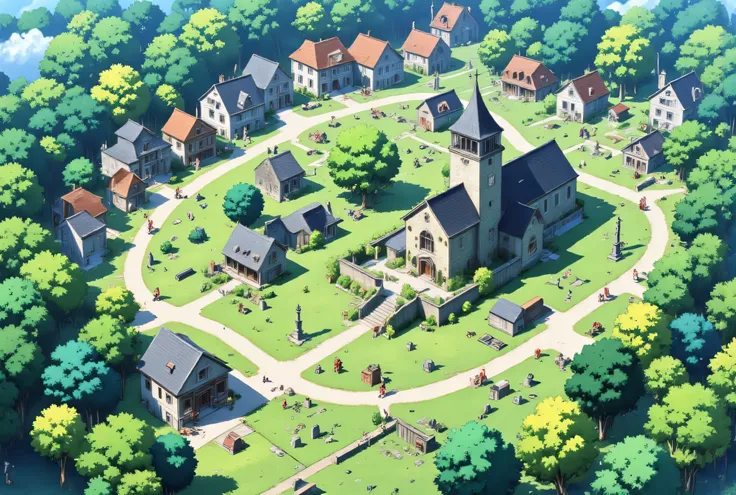 masterpiece, High Definition, Illustration, anime style,  village, a small, quiet settlement nestled within the surrounding wood...