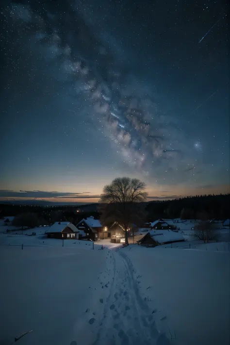 photorealistic beautiful winter landscape at night with a clear sky. The stars are shining and the Milky Way can be seen. 8k qua...