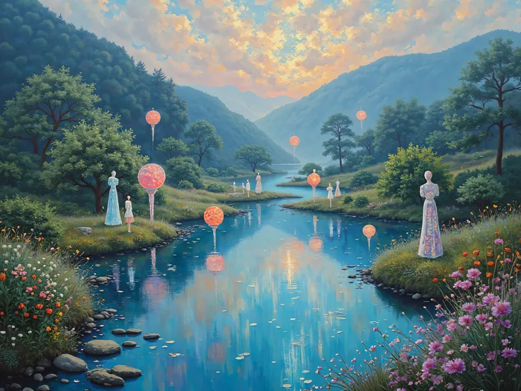 High quality oil paintings drawn by Claude Monet、Sci-fi elements on traditional Japanese landscapes（hologram、Floating lanterns e...