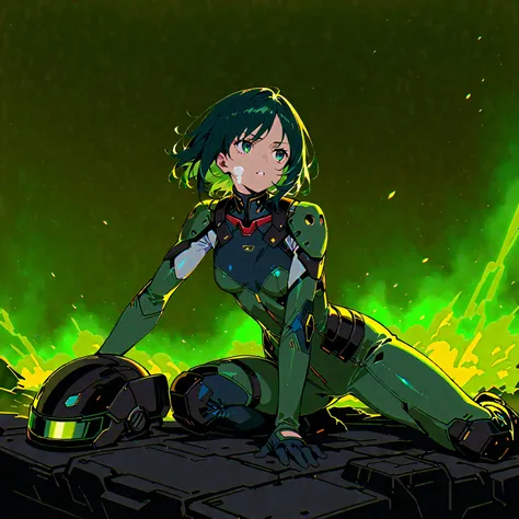 GREEN LIGHT SOURCE、Dark green hair、masterpiece、Highest Quality、1 girl on break day、medium chest、((album cover))、LIGHT ON FACE、sl...