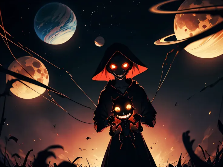 A dark, god-like puppeteer floats in a starless void, pulling glowing strings attached to twisted planets of all shapes — jagged...