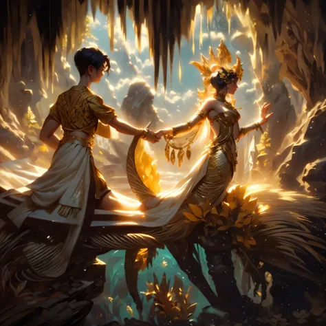 In a fantastical scene set within a shimmering cave, a young boy dressed in regal, traditional attire extends his hand toward an...