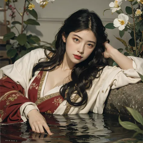  hair ), ((green eyes)) lying on the ground, in the water , (amy sol:0.248), red, Blouses with flowers,  (Stanley Artgerm Lau:0....