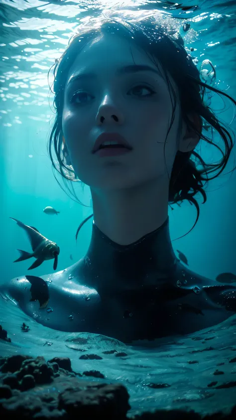 Surreal deep ocean scene, a giant ancient statue of a woman's face submerged under water, surrounded by small fish and a tiny di...