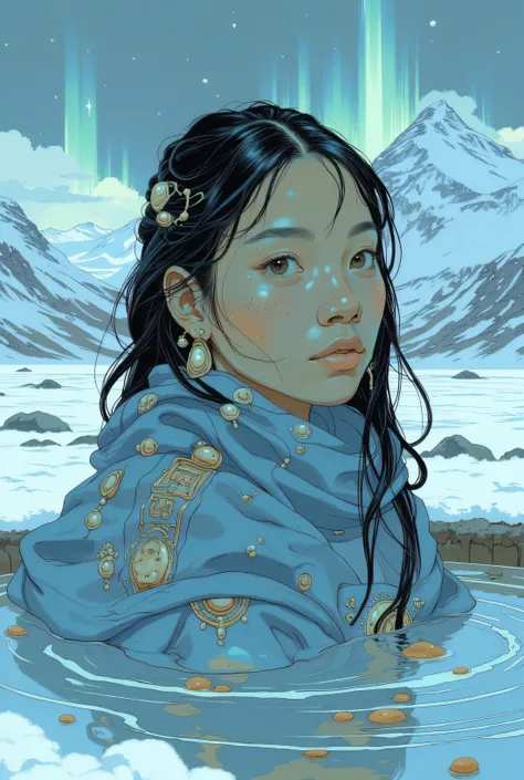 Close-up portrait of a beautiful young Inuit woman. She is bathing in a hot spring located in a natural crater in the middle of ...