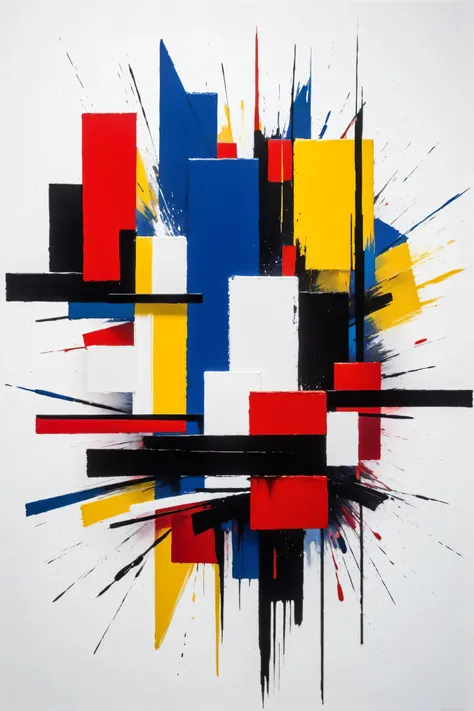 abstract art, blocks and splashes of primary red, blue, yellow, black, sharp-edged paint strokes, white background, bauhaus insp...