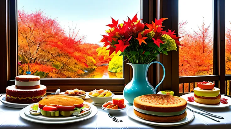  sunshine、Bright Atmosphere、window of the luxurious table、Red autumn leaves around the blue pond、 white table、cake tower、vase、Eg...