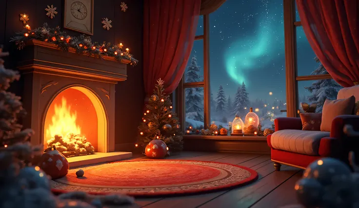 festive atmosphere: warm golden glow from the fireplace fills the room, creating cozy shadows, , the aroma of fresh pastries and...