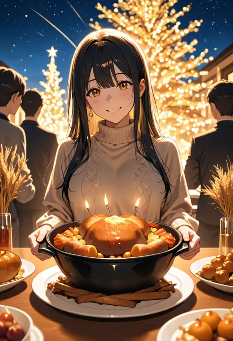 masterpiece, best quality, Family and friends gather around a long table bathed in warm light, sharing a bountiful Thanksgiving ...