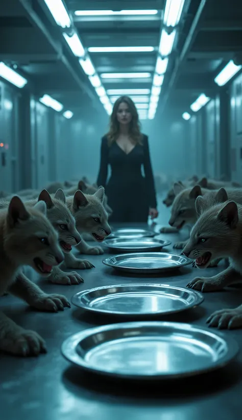 The Mess Hall Chaos
Prompt:
"A futuristic mess hall filled with predator cubs frozen mid-step, eyes wide, claws hovering over p...