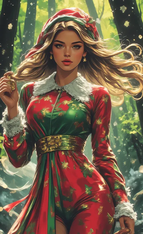 midjourney ,Colorful,realistic cartoon, a beautiful female christmas elf, holding a bell,  standing in forest, cloud of snow fla...