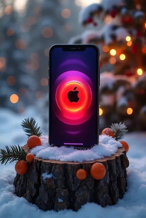 A photorealistic depiction of an iPhone 15 Pro Max on a snowy circular stand, its screen radiating red and purple hues around th...