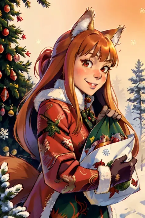 (spice and wolf:0.6) Holo dressed in a red  santa claus coat in front of a christmas tree ,  with a   gifts bag in hands, animal...